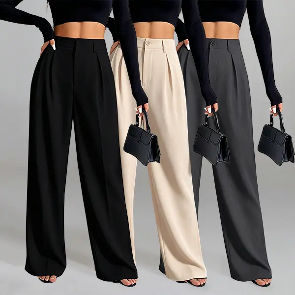 Women’s classic three-piece set of high-waisted pleated wide-leg floor-length trousers, wrinkle-resistant and smooth-sliding fabric, versatile for office and everyday wear, hip-concealing, elegant casual dress pants