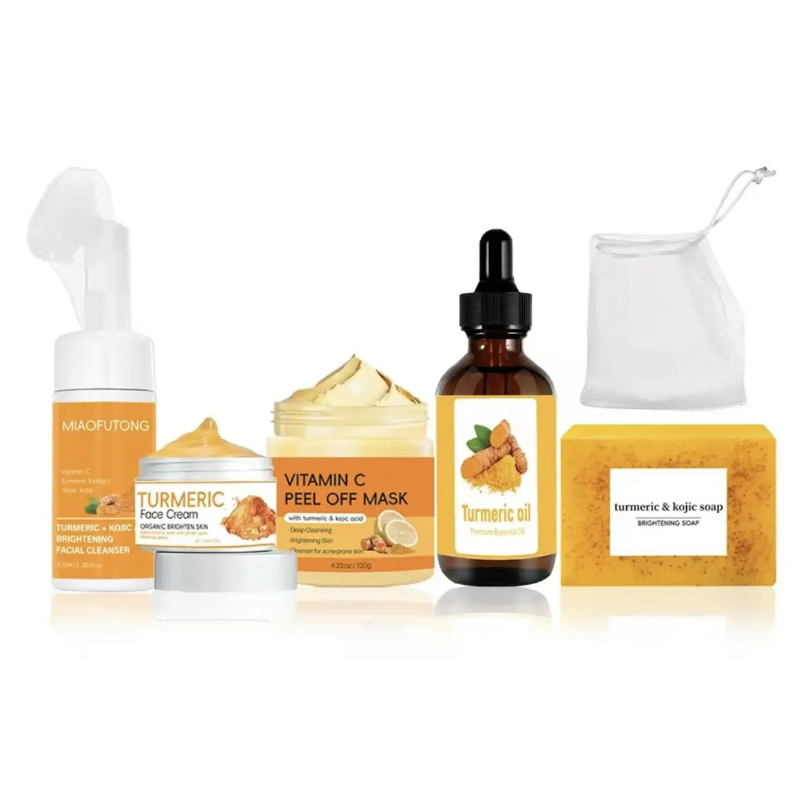 Turmeric Skin-Cleansing Set (6-piece kit): Turmeric Facial Cleanser, Facial Cleansing Sponge, Vitamin C Mud Mask, Turmeric Facial Cream Soap Block and Essential Oil, deeply cleanses face and body