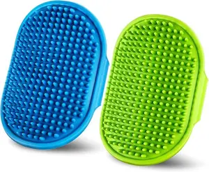 Dog Grooming Brush，Pet Shampoo Massage Bath Brush Comb with Adjustable Loop Handle for Grooming Short and Long Hair Cats and Dogs, 2pcs(Tapered brush head, Blue+Green)