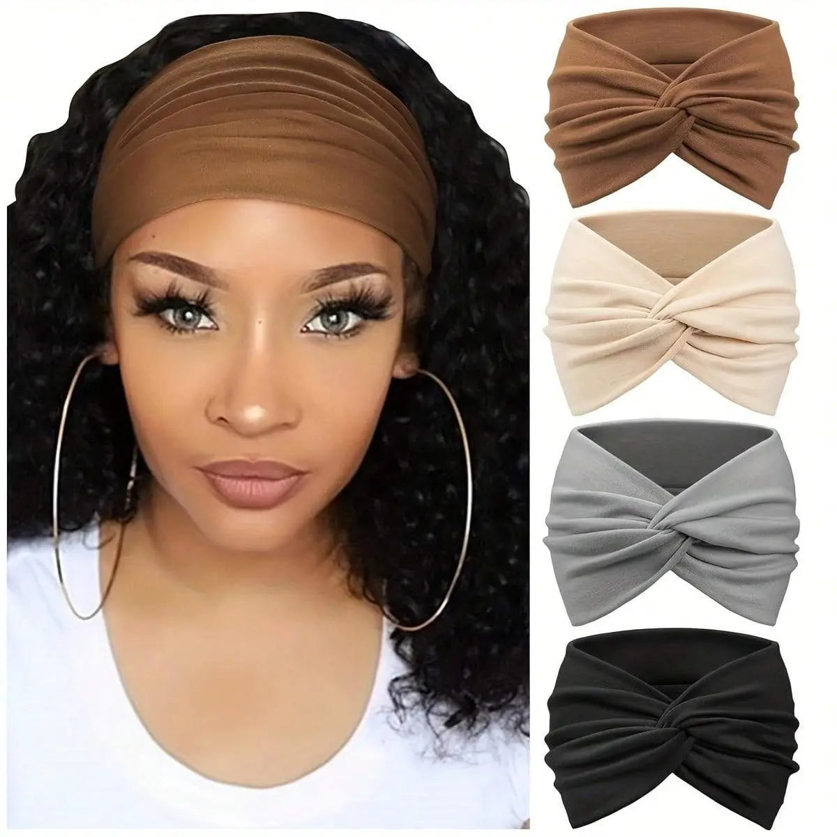 4-Pack Wide Headbands for Women, Soft Fabric Bohemian Knotted Turban, Vintage-Inspired Boho Hair Accessories for Everyday Wear & Yoga
