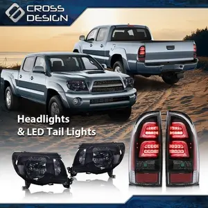 CROSSDESIGN Headlights & 3D LED Tube Bar Tail Lights Fit For 2005-2011 Tacoma Smoke/Black