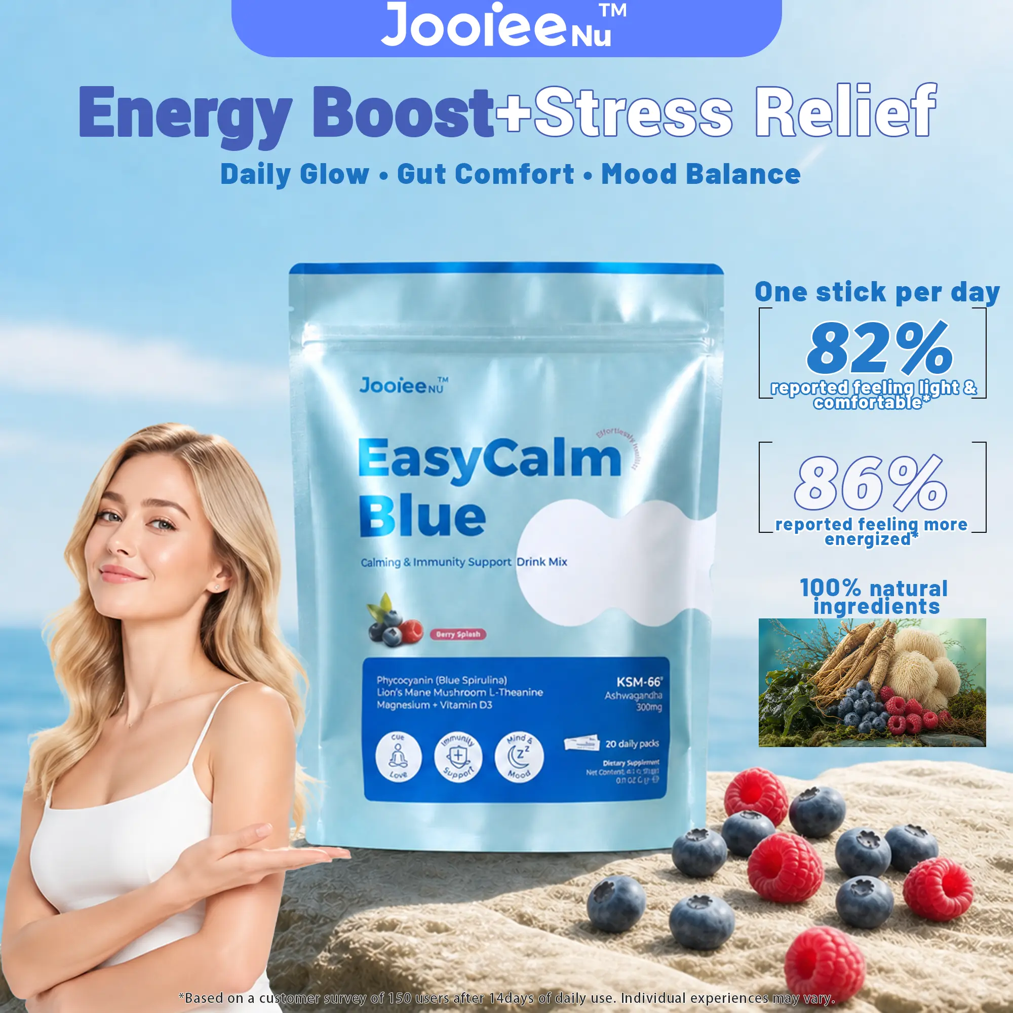 JooieeNu EasyCalm Blue Magnesium Glycinate Drink Mix with KSM-66 Ashwagandha, L-Theanine, Lion’s Mane, GABA & Vitamin D3 | Stress, Mood & Sleep Support | Cortisol Balance | 20 Stick Packs