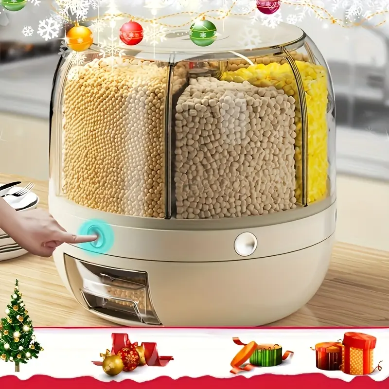 Rotating Rice Bucket with 6 Compartments, Transparent Large Capacity Grain Container, Food Storage Containers, Sealed Storage for Rice, Grains, Flour, Pets Food