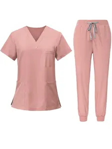 2pcs Set Scrub Suit Set for Women Modern V-neck Top T-shirt & Tapered Leg Jogger Pants with Drawstring Nursing Uniforms Set Suitable for Pet Hospitals, Dental Clinics, Nursing Work, Etc.