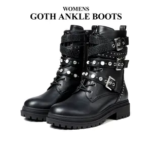 Womens Ankle Boots Rounded Toe Platform Heels Fashionable Side Zipper Lace Up Goth Studs Buckle Belt Comfy Outdoor Clubbing Event Casual Punk Combat Spring Boots Deals For You Days