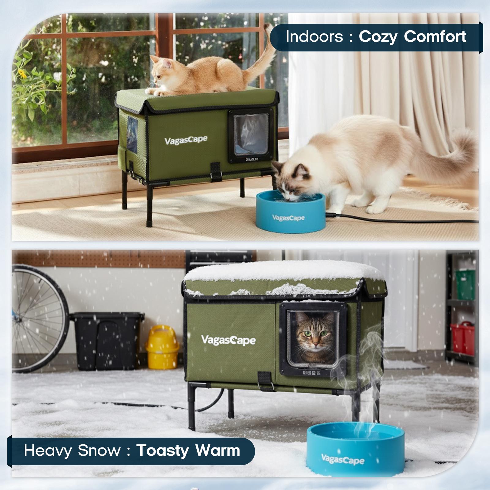 Vagascape Heated Outdoor Cat House, Heated Bowl, Thermostat & Overheat Protection with Auto Shutoff, Warms in ~3s & Energy-Saving – Waterproof, Insulated & Elevated, 12mm Fiberglass Frame, Escape Door & Window, UL-Tested Heating Core