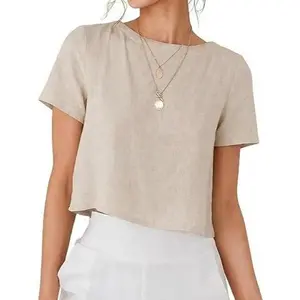 IDEALSANXUN Womens Short Sleeve Linen Shirts Casual Spring Summer Crewneck Cute Crop Beach Blouse Tops Cotton Fabric Womenswear Clothes Comfy Cropped Lightweight Outfits Solid Shortsleeve Flowy Ruched Floral Tank