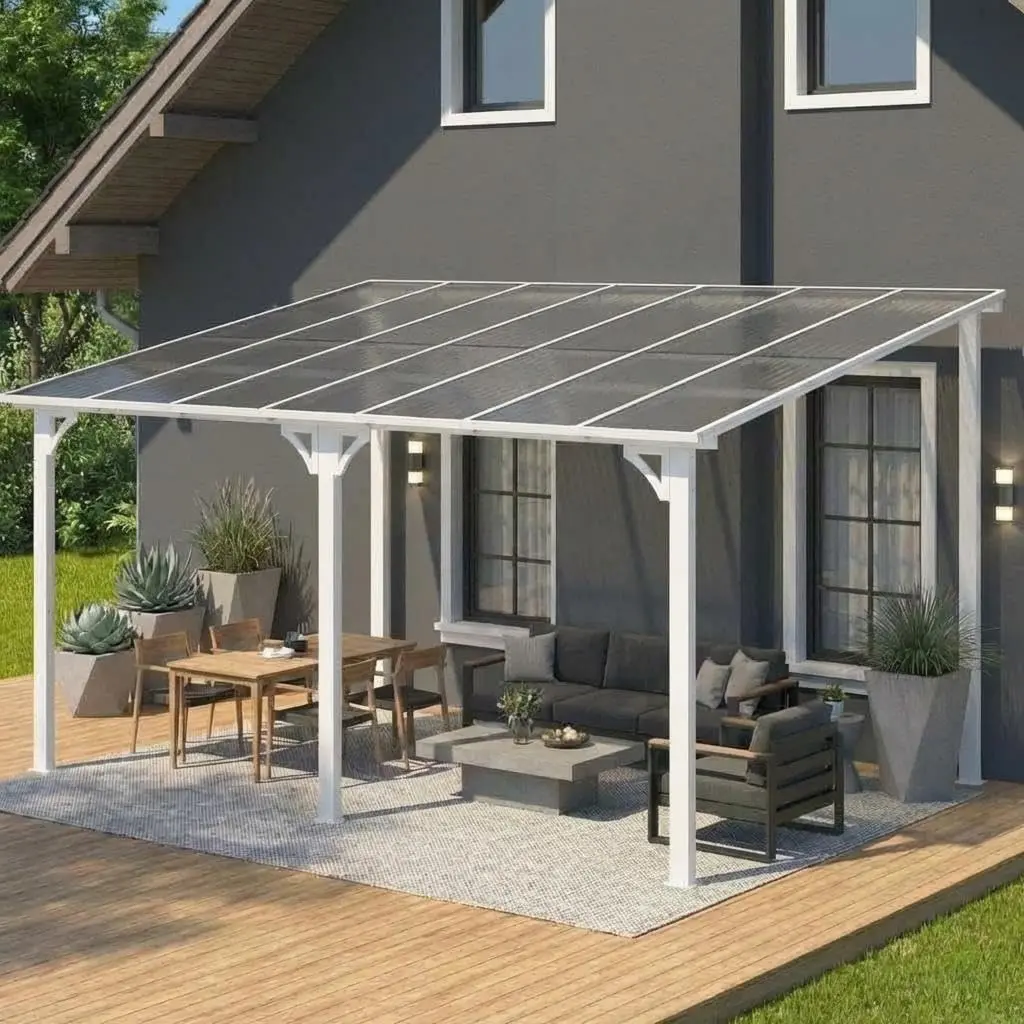 10×14 Ft Wall Mounted Gazebo – Large Lean‑to Gazebo with Hard Top Roof & Gutters – Outdoor Gazebo for Patio, Deck, Porch