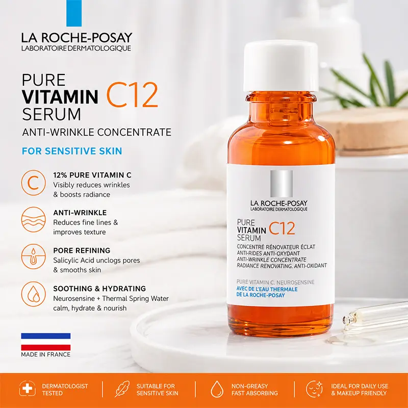La Roche Posay Brightening Vitamin C Face Serum with Hyaluronic Acid, Salicylic Acid - 12% Radiance Boost, Wrinkle Reduction, Oil Control, Exfoliate, Hydrate, Restore, Skin Repair - For Normal to Oily Skin - 30ml/1oz for Daily Radiance