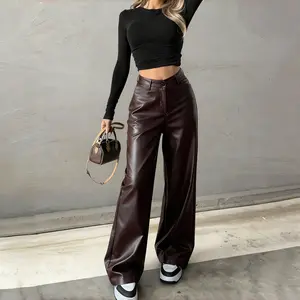 TCVC Women's Solid Color PU Leather Flare Leg Pants, Boho Casual Trousers, Fashion Casual High Waist Bell Bottom Trousers for Daily Outdoor Wear, Women Bottoms for All Seasons, Womenswear