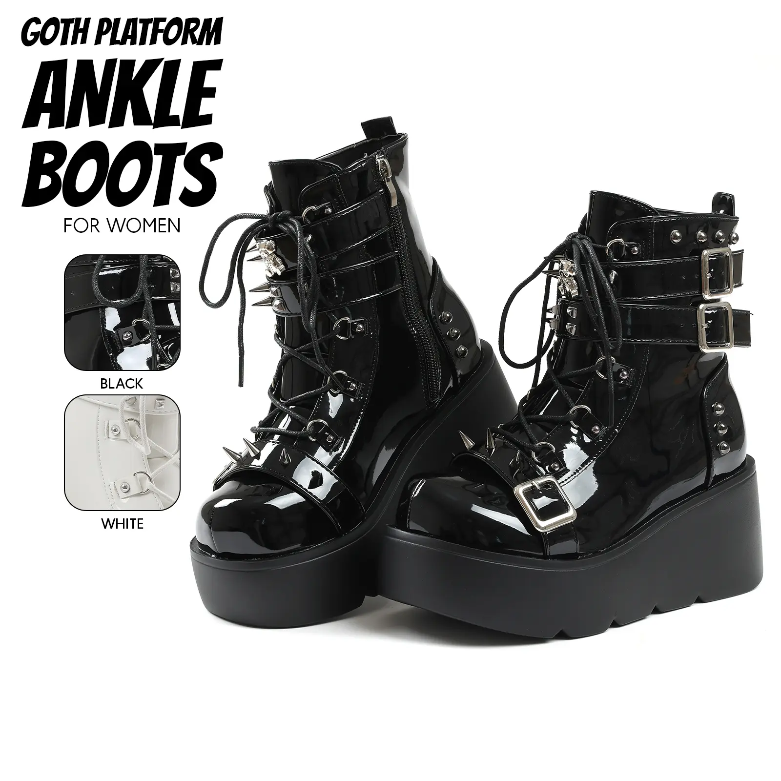 Womens Goth Platform Ankle Boots Round Toe Wedge Heel Side Zipper Buckles Studs Fashion Combat Party Punk Rave Concert Motorcycle Trendy Gothic Booties