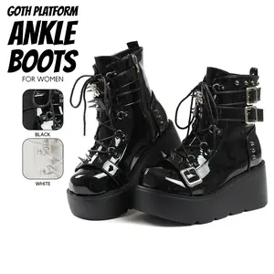 Womens Goth Platform Ankle Boots Round Toe Wedge Heel Side Zipper Buckles Studs Fashion Combat Party Punk Rave Concert Motorcycle Trendy Gothic Booties
