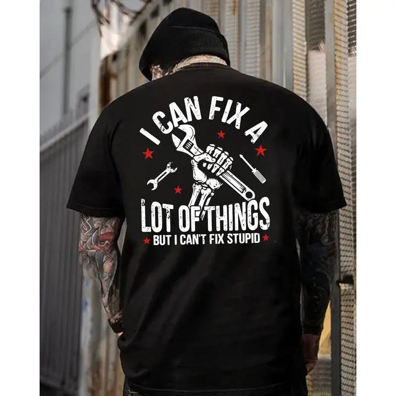 Men's 'Fix Stupid' Mechanic Hoodie - Casual Cotton Pullover with Sarcastic Work Humor Skull Graphic, Lightweight Sweatshirt for Outdoor Wear, Menswear, Cotton Fabric, Foldable, Casual Fit, Mechanic Quote, Skull Print, Tops, Machine Wash, All Seasons, Hiki