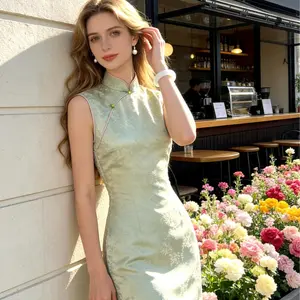 Bamboo Whisper | Modern Light Green Jacquard Qipao Dress