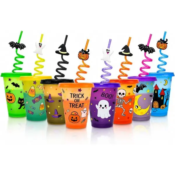 Halloween Color Changing Cups with Lids and Straws, 8 Pack 16 oz Reusable Plastic Tumblers, Halloween Party Cups Bulk Set for Kids & Adults, Spooky Party Decorations Supplies