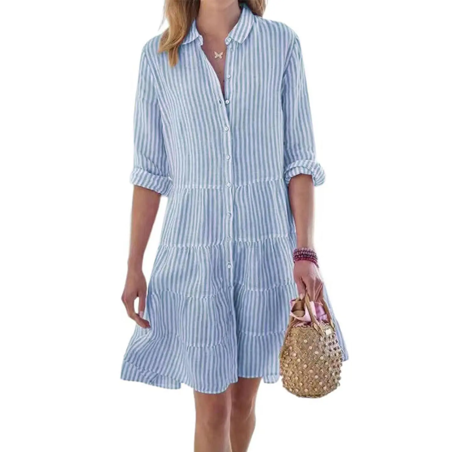 CHOUYATOU Women's Casual Striped Check Cotton Shirt Dress, Long Sleeve Button-Down Loose Fit Tiered Midi for Going Out, Soft