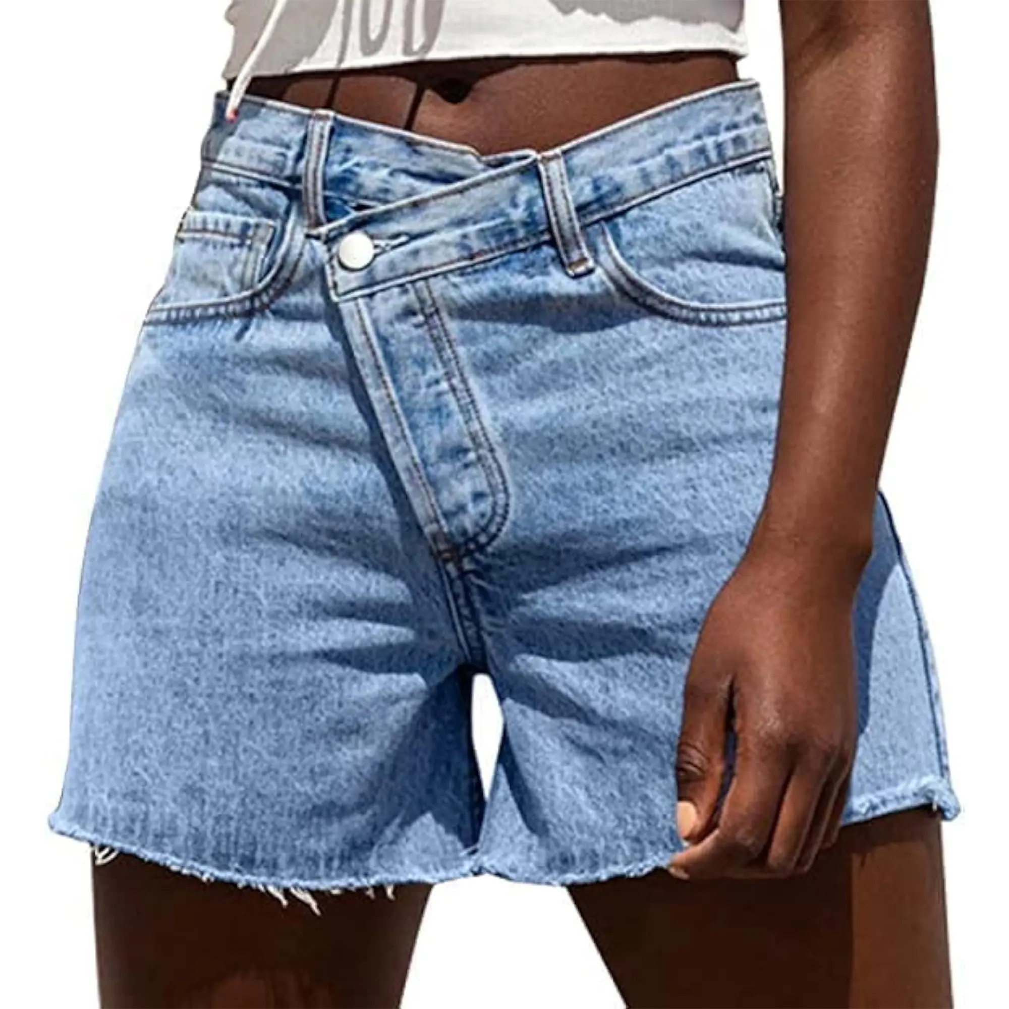 Genleck Women Crossover High Waisted Jeans Shorts Stretchy Casual Denim Shorts Boyfriend Summer Womenswear Streetwear Bottom Fit Ripped Style Chic