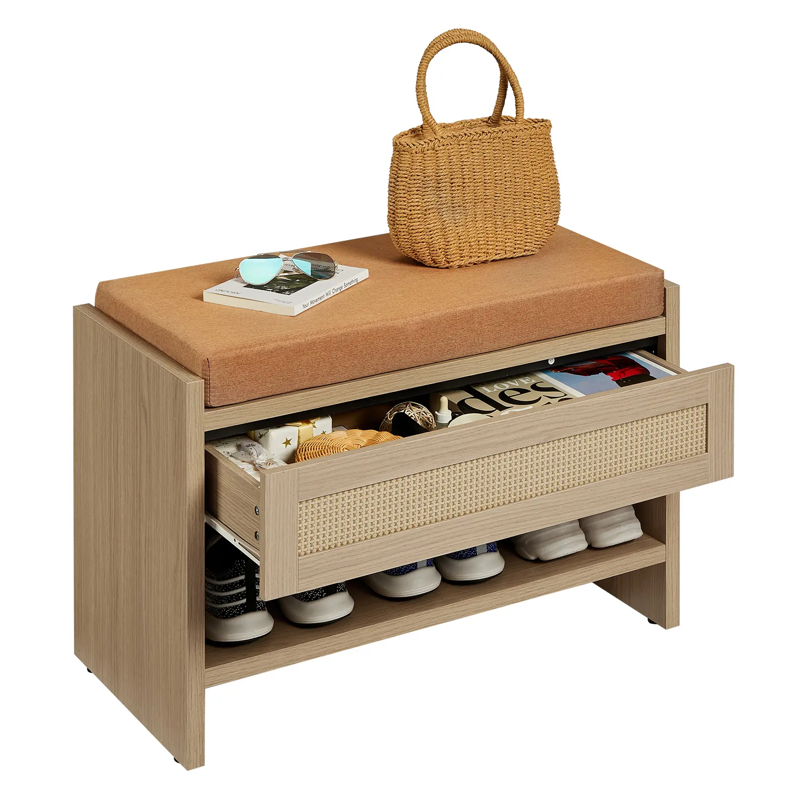 Garvee Rattan Entryway Shoe Bench with Storage Drawer and Linen Cushion – Wooden Shoe Storage Bench with Open Shelf and Comfortable Seat – Perfect for Hallway, Bedroom, or Mudroom