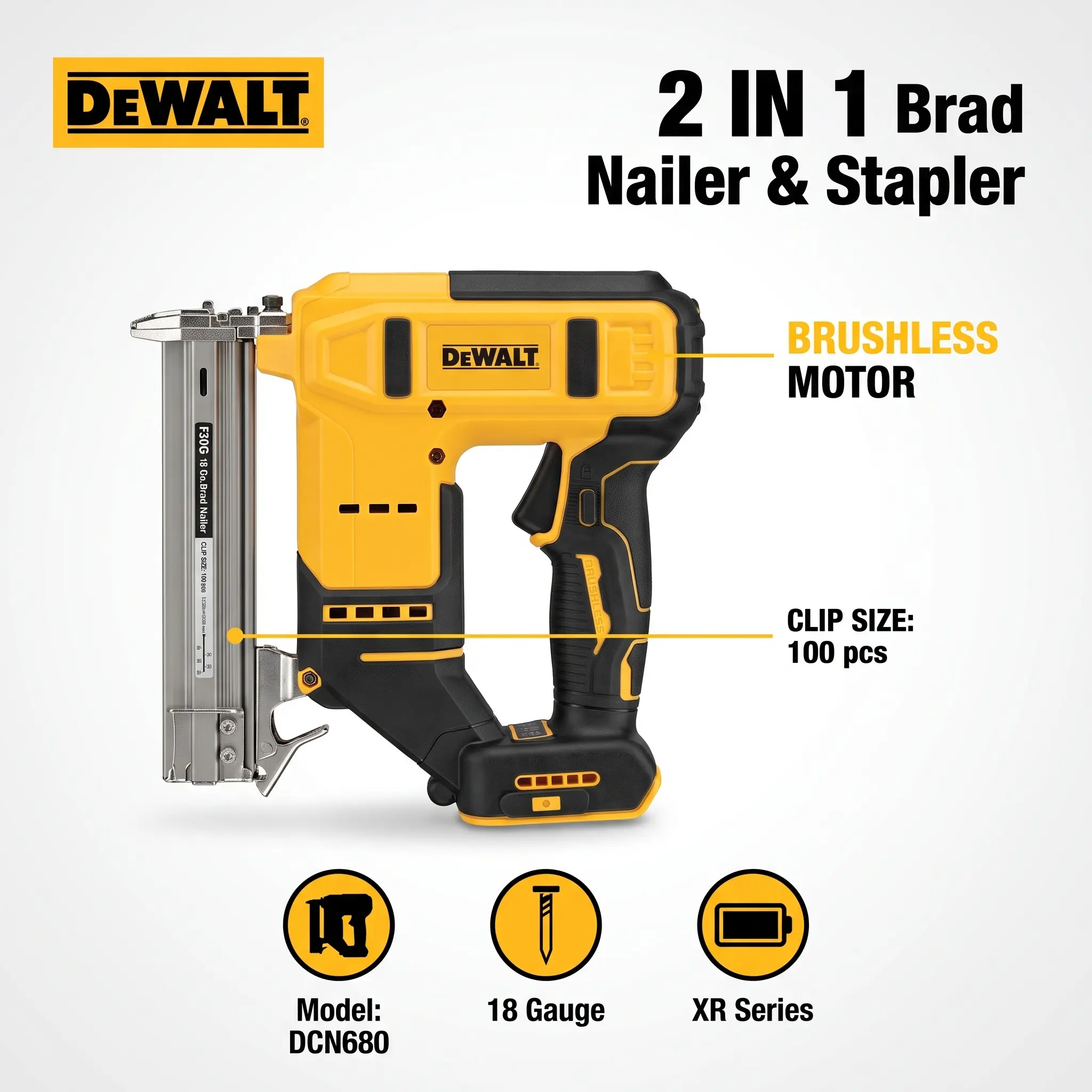 DEWALT 2 in 1 Cordless Brad Nailer & Stapler Compatible with DEWALT 20V MAX Battery, Brushless 18GA Finish Nailer, Fires F10-F30 Brad Nails & 422J Staples, 100 Nail Capacity for Trim, Woodworking, Furniture & DIY Projects