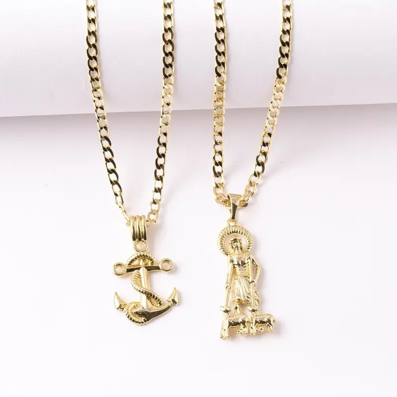 Female 14K Gold Plated Anchor & Saint Lazarus Pendant Necklace, 3mm Cuban Chain Jewelry Necklaces for Daily Wear