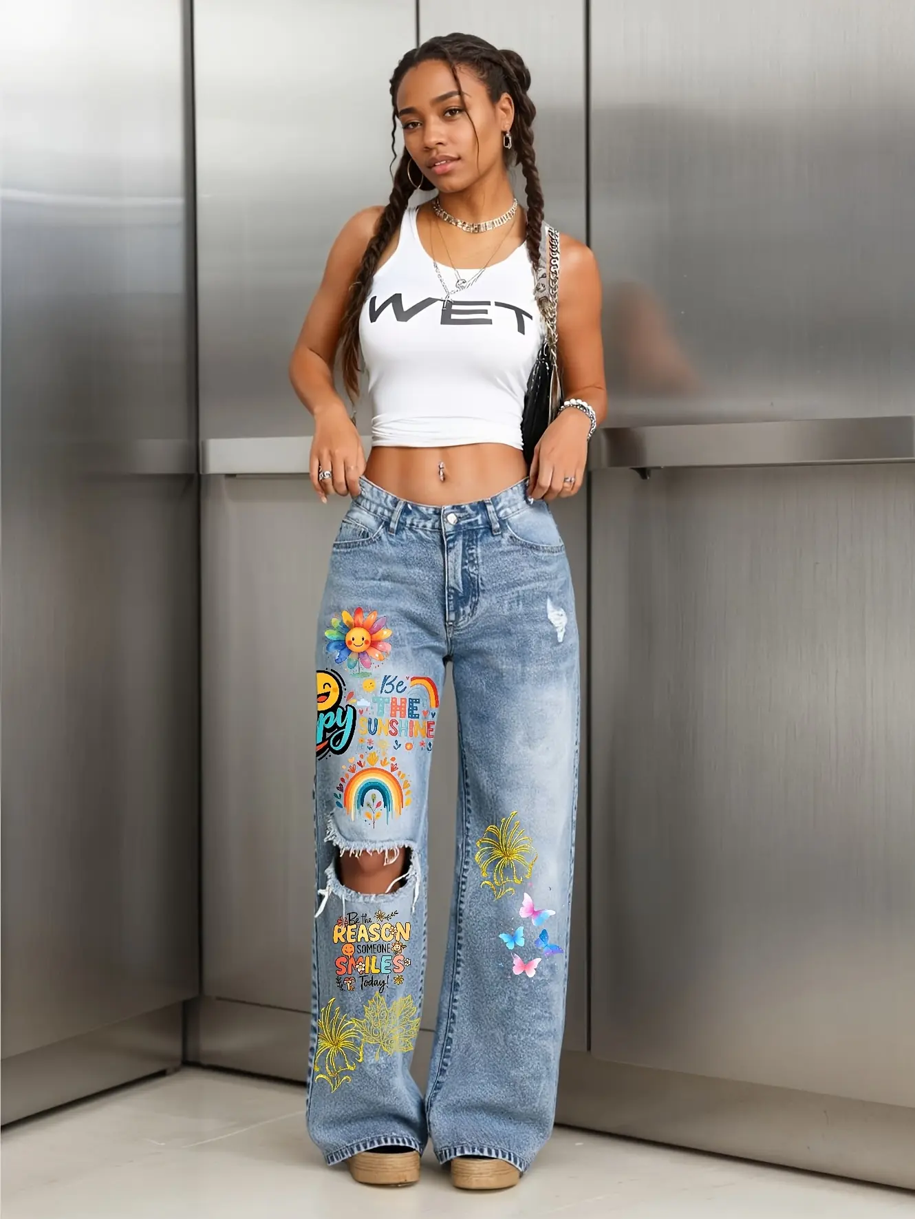 Women’s distressed wide-leg jeans — casual commuter style print design, light-colored women’s jeans for everyday fashion featuring sunflowers, rainbows, and smiley faces Baggy Oversized Womenswear Bottoms