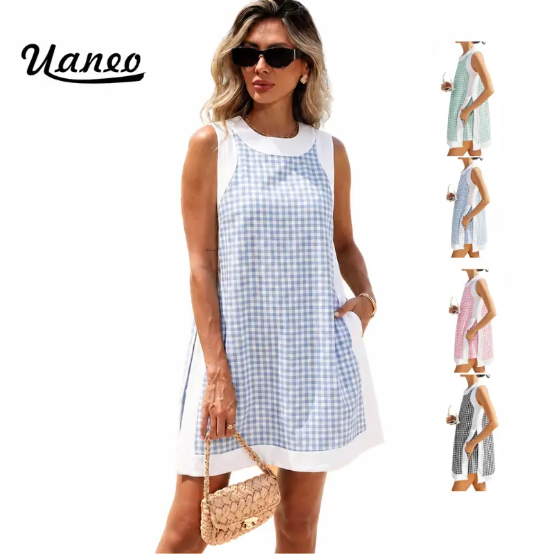 UANEO Women's 2-Piece Gingham Short & Top Sets, Crew Neck Sleeveless Color Block Pullover Tops with Matching Pocket Shorts, Pure Cotton Loose-Fit Lightweight Stretchy Breathable Cotton Cools Hot Days Preppy Summer Outfit