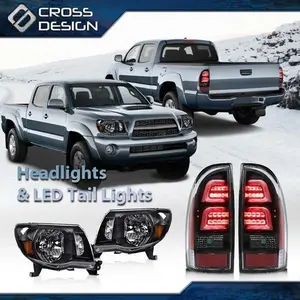 CROSSDESIGN Black Headlights & 3D LED Tube Bar Tail Lights Fit For 2005-2011 Toyota Tacoma