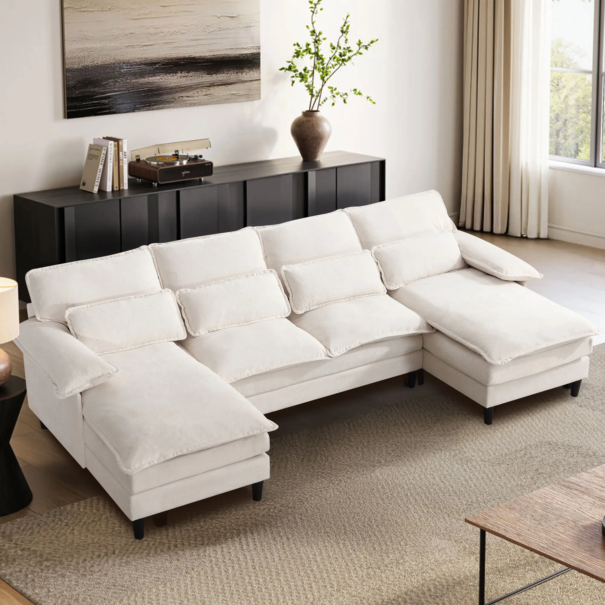 JONPONY 107.5x51.5" Polyester U-Shaped Sectional Sofa, 4-Seat Convertible Symmetrical Sofá with 4 Throw Pillows, High-Dense Memory Foam, Double Chaise Lounge & Cloud Cushions for Modern Minimalism Living Room, Self-Assembly