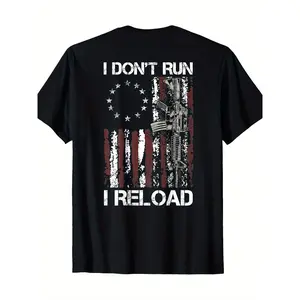 100% Cotton American Flag Patriots T-Shirt - 'I Don'T Run I Reload Gun' Design, Short Sleeve, Round Neck, Machine Washable. 🥇