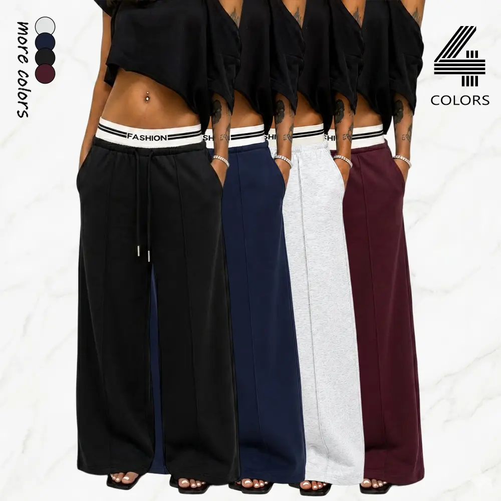 Single pack women’s stretch yoga sweatpants with an elastic waistband, straight cut, side panel design, practical pockets on both sides, loose wide-leg fit—suitable for outdoor running, hiking, campus life, and daily commuting; wearable year-round; machin