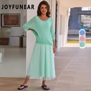 JOYFUNEAR Women's Solid Color Knit Top & Mesh Dress Two-Piece Set - Basic Black Elastic Fabric Loose Fit for Daily Outdoor Wear