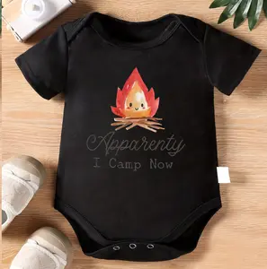 1pc Baby Crawling Suit - Heather Gray Onesie with "Apparently I Camp Now" Campfire Print - Soft Cotton Outfit for Newborns & Toddlers 0-3 Years - Perfect Camping Gift - Machine Washable Infant Wear