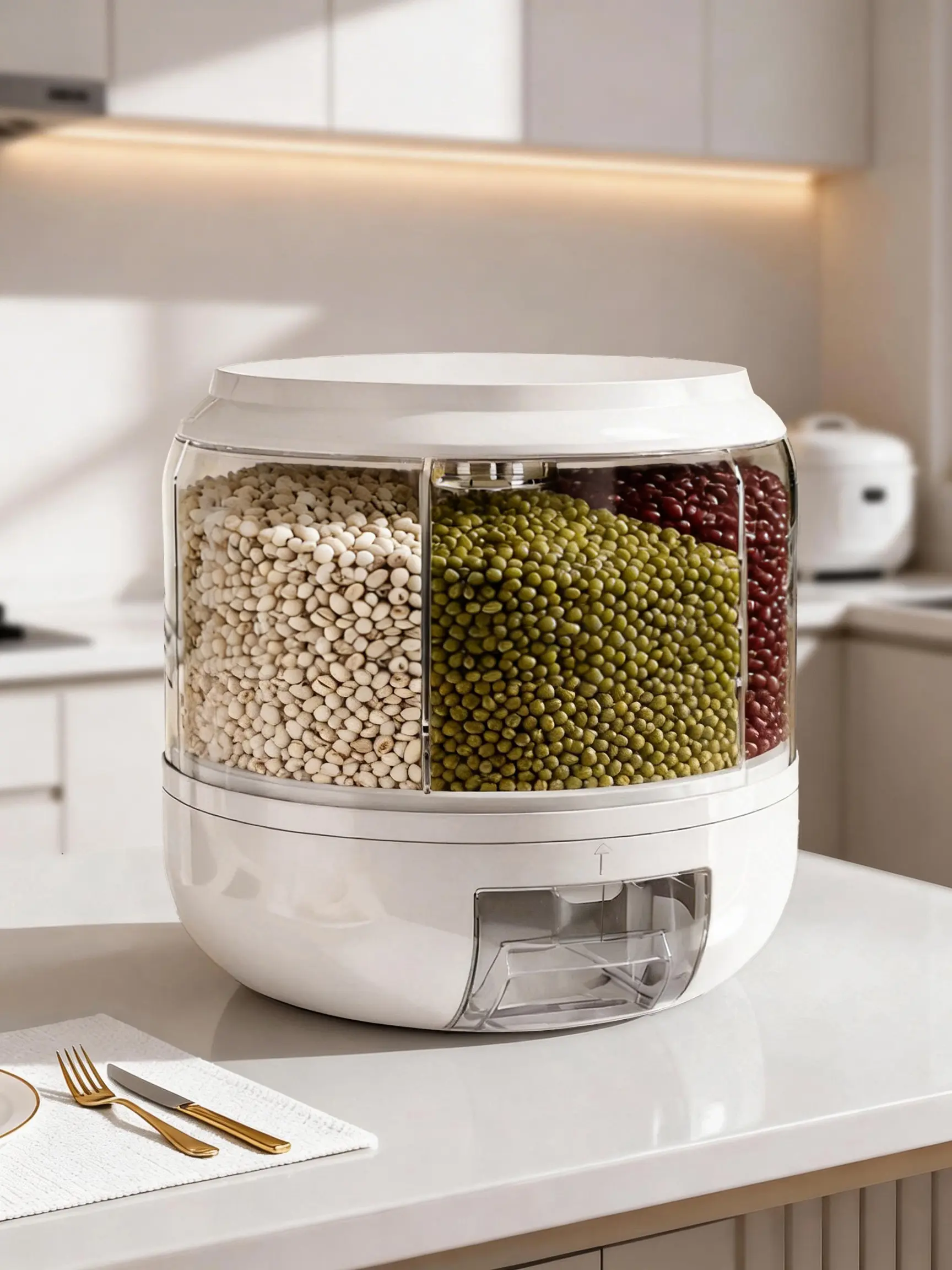 GHQ-Grid Rotating Plastic Rice Storage Container Dispenser - Airtight Food Organizer for Rice, Beans & Small Grains, 1-Click Output, Leak-Proof Kitchen Storage Organization Solution, Plastic Storage Container