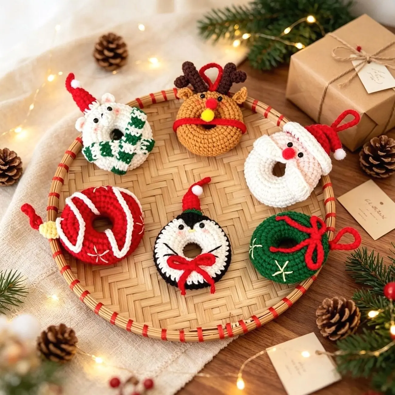 Handmade Crochet Christmas Donut Ornaments Set, Cute Xmas Tree Hanging Decor, Holiday Gift for Friends, Coworkers & Family