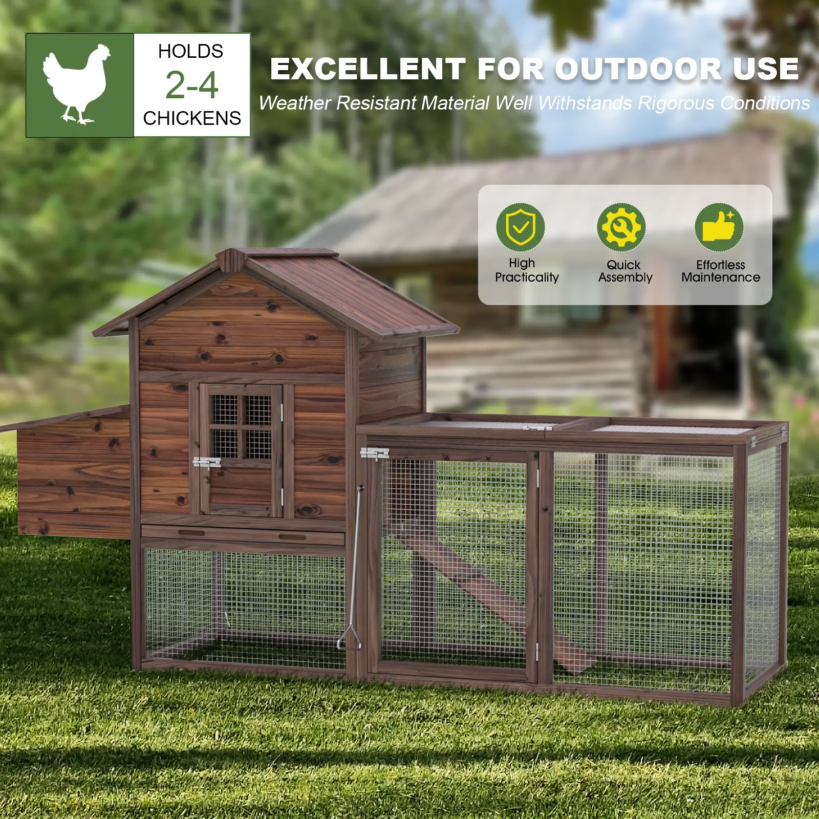 Grezone Large Wooden Walk-in Chicken Coop with Chicken Wire Fence, 80''H Outdoor Hen House for 2-4 Birds - Double Door, Carry Handle, Waterproof Roof, UV Resistant Panel Cover, Nesting Box, Run - Garden Poultry & Rabbit Pet Cage Accessory, Goose, Asphalt,
