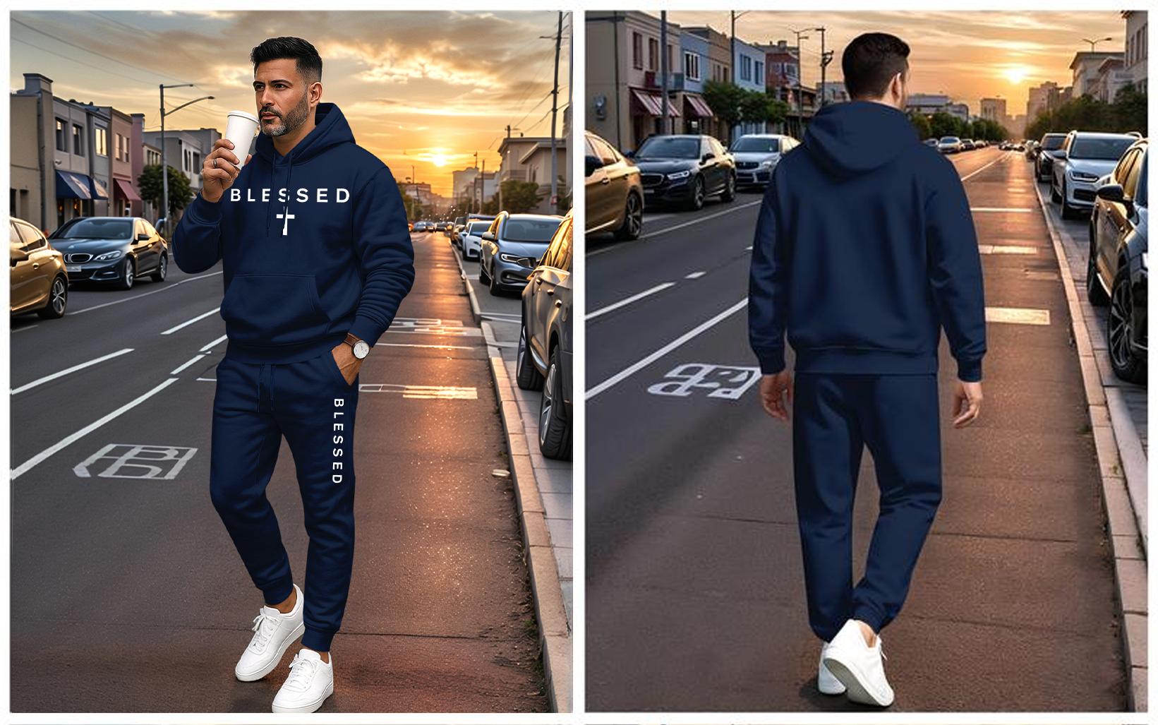 Men's Blessed Cross Letter Print Hoodie & Drawstring Sweatpants Set with Pockets, Casual Athletic Long Sleeve Hoodie & Jogger Pants for Fall & Winter, Sportswear Tracksuit for Indoor & Outdoor Activities