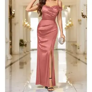 Women's Off Shoulder Sleeveless Satin High Split Wrap Ruched Style Formal Evening Party Maxi Dress Womenswear Spaghetti Strap wedding guest graduation bridesmaid dresses Workwear Basic Minimalist Navy Blue