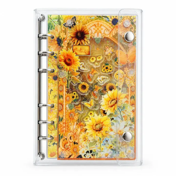 A6 Refillable Shaker Binder Notebook with Acrylic Panel, PVC Cover, Movable Shaker Details, Photo Sleeves, Sunflower Art - Binder Office Supplies for Everyday Notes, Page Replacement Journaling Tool (Gift-Ready Stationery)