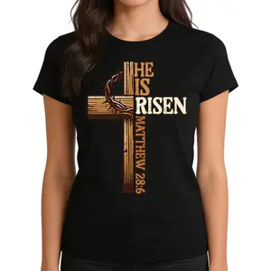 Women's Cross Graphic Tee, 100% Cotton Jesus Risen Crewneck, Comfortable Breathable Classic Fit Summer Casual Essential, Matthew 28:6 He Is Risen Graphic Shirts
