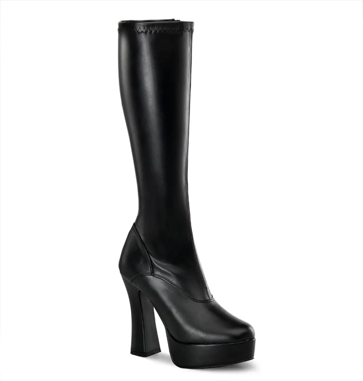 Women's Platform Knee Boots in Black Faux Leather, Featuring a 5-Inch Chunky Stacked Heel and Side Zipper, Footwear, Statement Shoes
