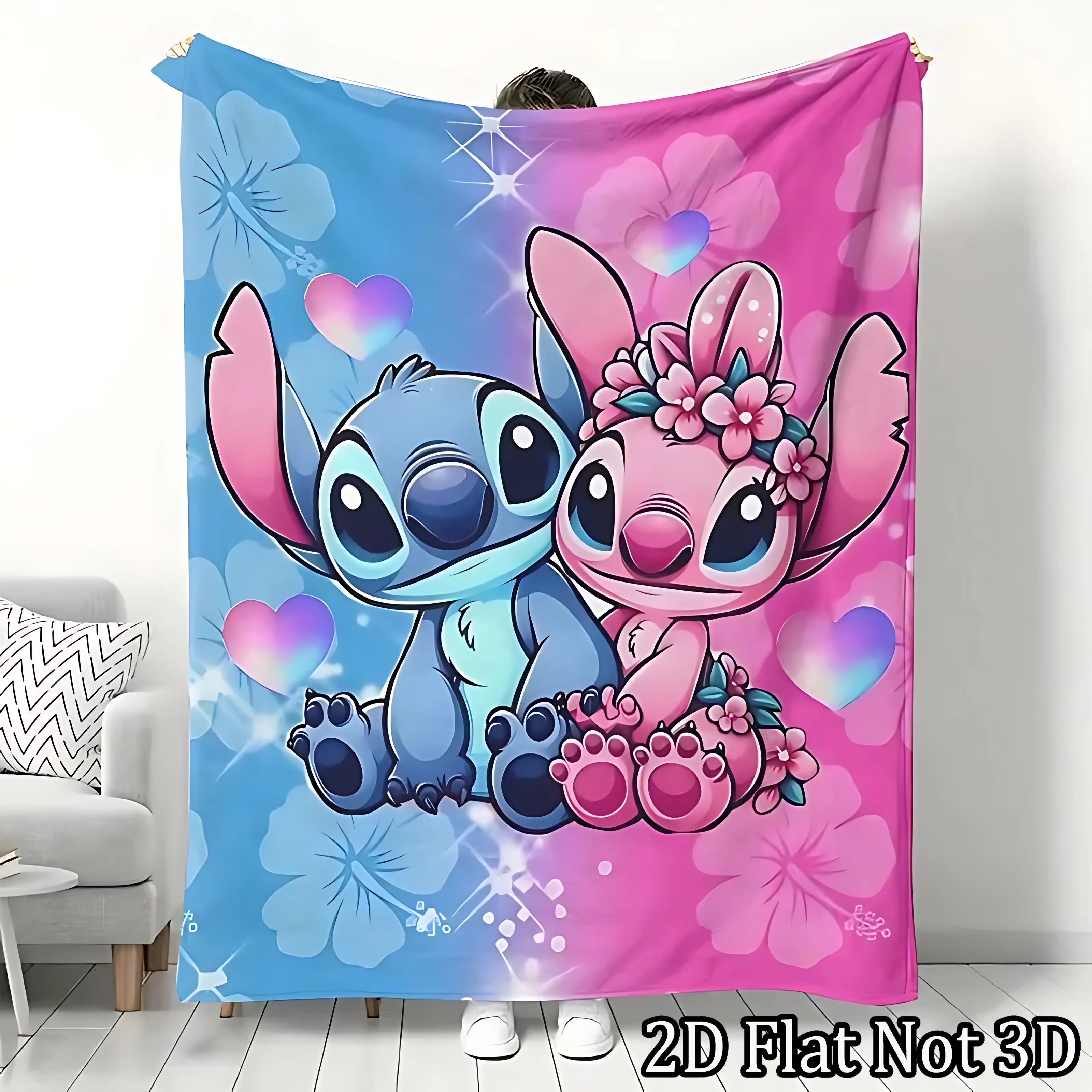 [SummerVibes] DISNEY CLASSIC Stitch & Angel Flannel Blanket - Soft, Warm, Lightweight with Vibrant Cartoon Design, Sofa, Bed, Office, Blanket for Couch