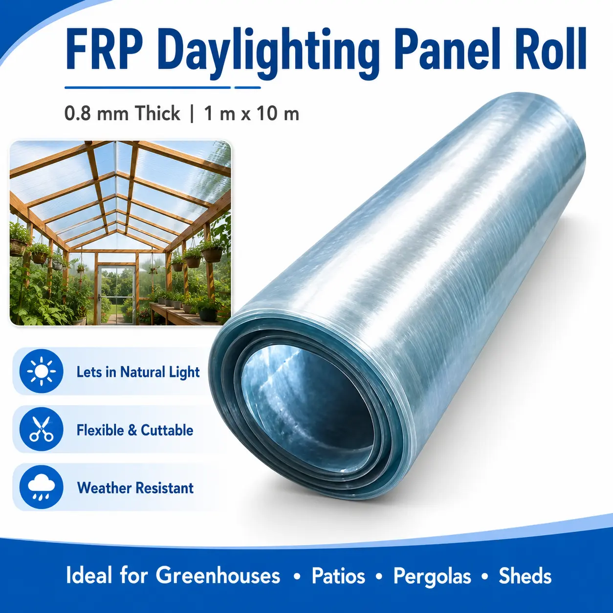 FRP Daylighting Panel Roll 0.8mm Thick 1m x 10m Clear Waterproof Roofing Sheet Flexible Cuttable Weather Resistant Light Roof Cover for Greenhouse Pergola Patio Sheds Workshop