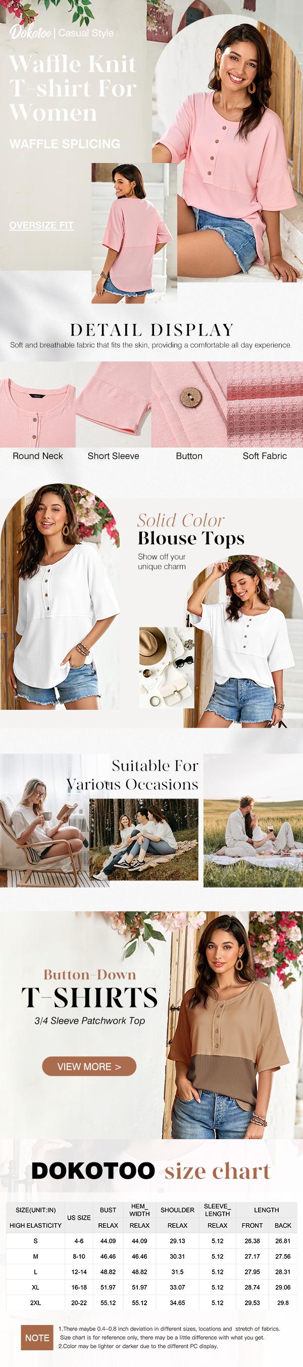 Dokotoo Womens Waffle Knit Tops 2026 Fashion 3/4 Sleeve Casual Button Down Shirts Crew Neck Oversized Patchwork Blouses