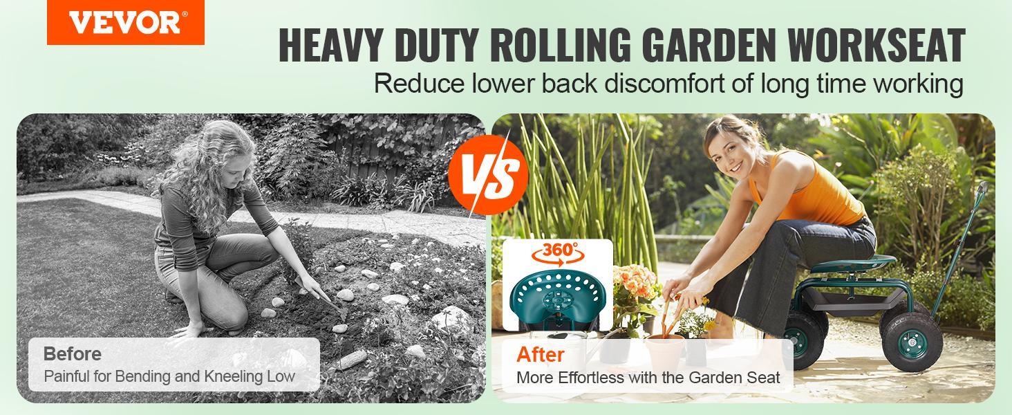 VEVOR Garden Cart Rolling Workseat with Wheels, Gardening Stool for Planting, 360 Degree Swivel Seat, Wagon Scooter with Steering Handle & Utility Tool Tray, Use for Patio, Yard, and Outdoors