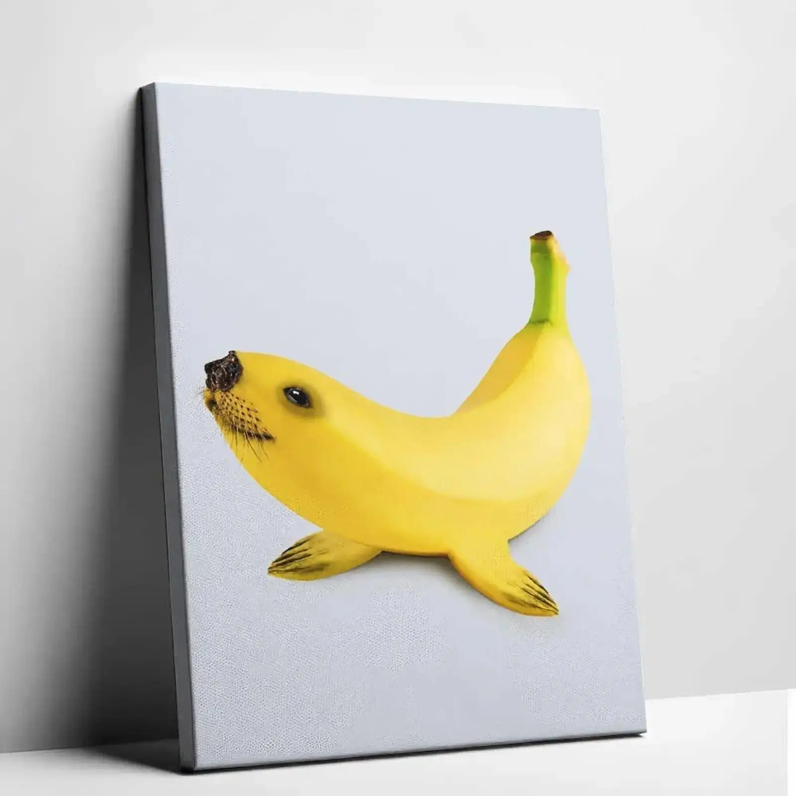 Funny Quirky Banana Seal Fruit-Animal Meme Canvas Wall Art - Gallery Wrap, Multi-Size Pop Graphic Poster Print for Living Room, Kitchen Home Decor
