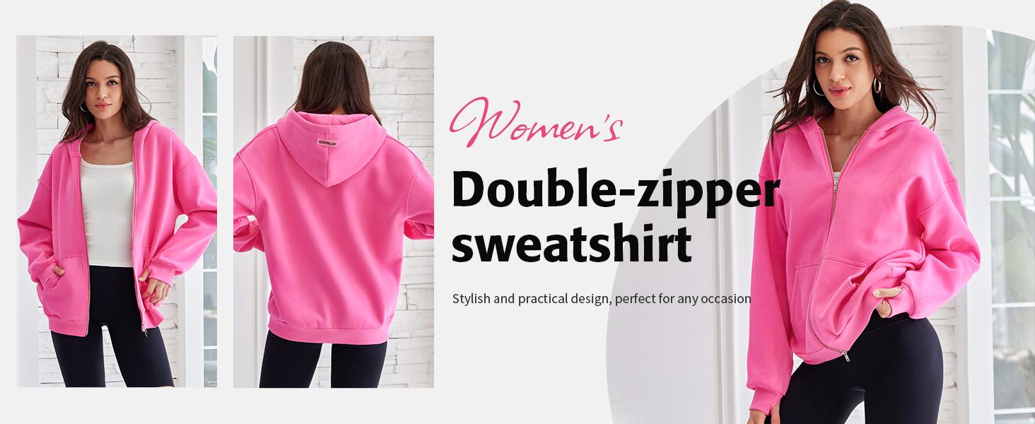 ATTRACO Women's Leaf Print Oversized Hooded Sweatshirt Solid Color Full Zip Long Sleeve Pocket Sweatshirt