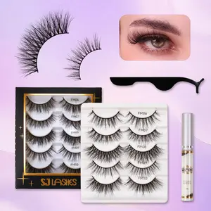 SJ LASHES 5-Pair 3D C Curl Faux Mink False Eyelashes Kit - 5 Styles Reusable Wispy Natural Lashes, Glue & Tweezers Included
