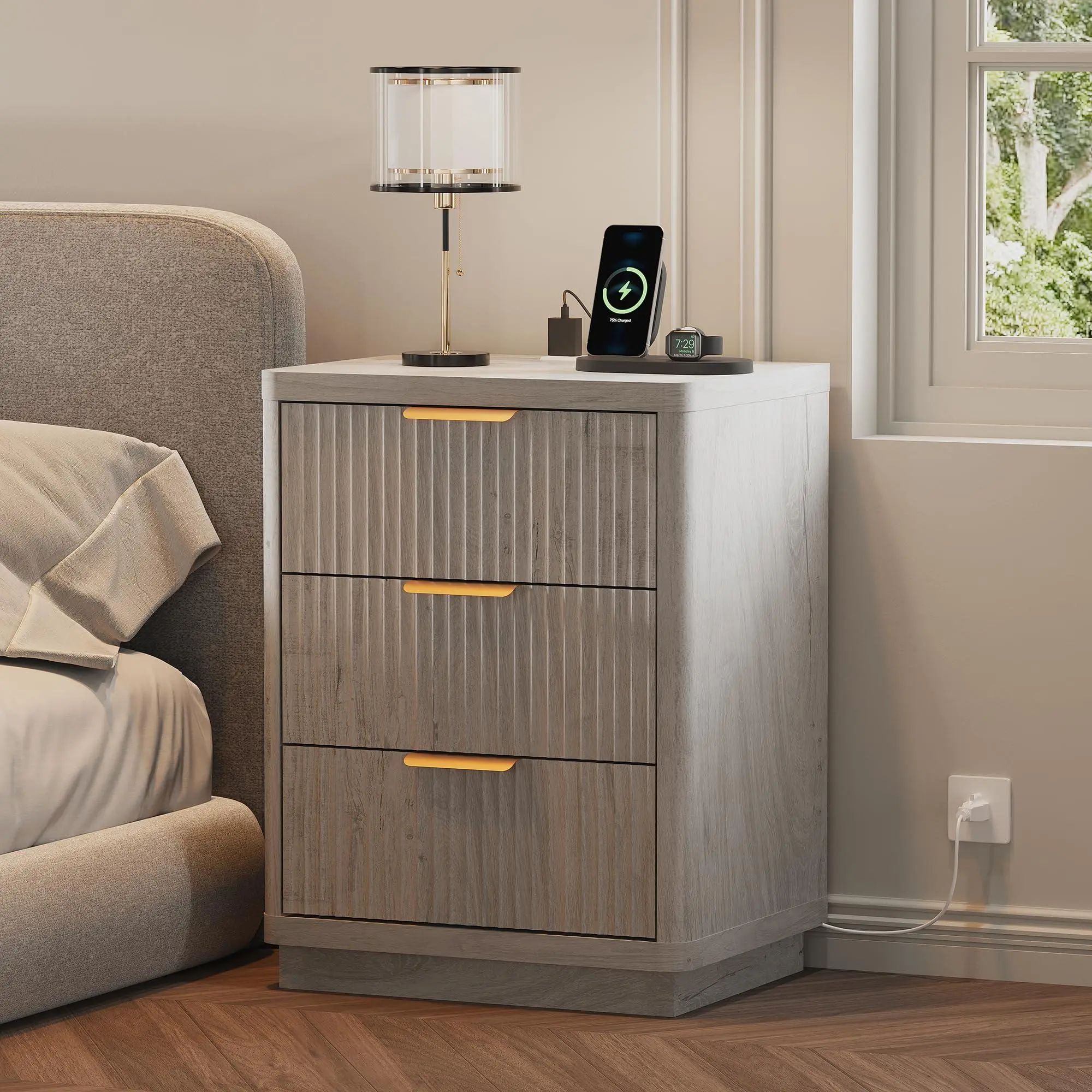 Garvee Fluted Farmhouse Night Stand, Fluted Nightstand with Charging Station, FlutedNightstand Bedroom with 3 Drawers, Modern Mid Century Bedside Table w/Metal Handle