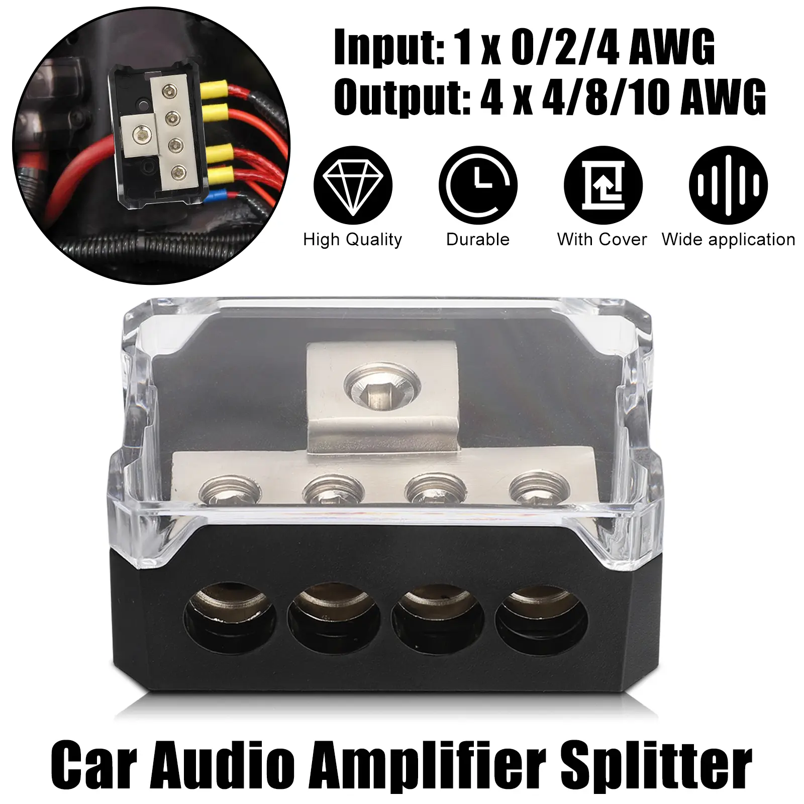 4 Way Car Power Distribution Block - 0/2/4 Gauge Input 4/8/10 Gauge Output Amp Ground Distribution Block Splitter,for Car Amplifier Audio Splitter, for Car Marine Automotive DIY  Stereo