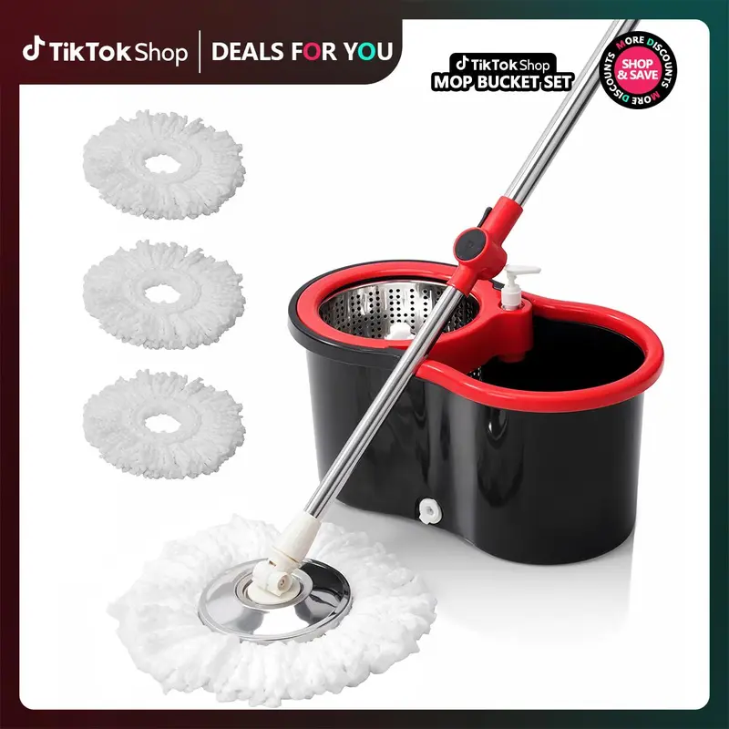 Spin Mop Bucket with Wringer Set Operable 360° Rotating Mop Bucket Set with 3 Microfiber Replacement Heads Stainless Steel 49 Inch Adjustable Handle Household Cleaning Tools Black Plastic